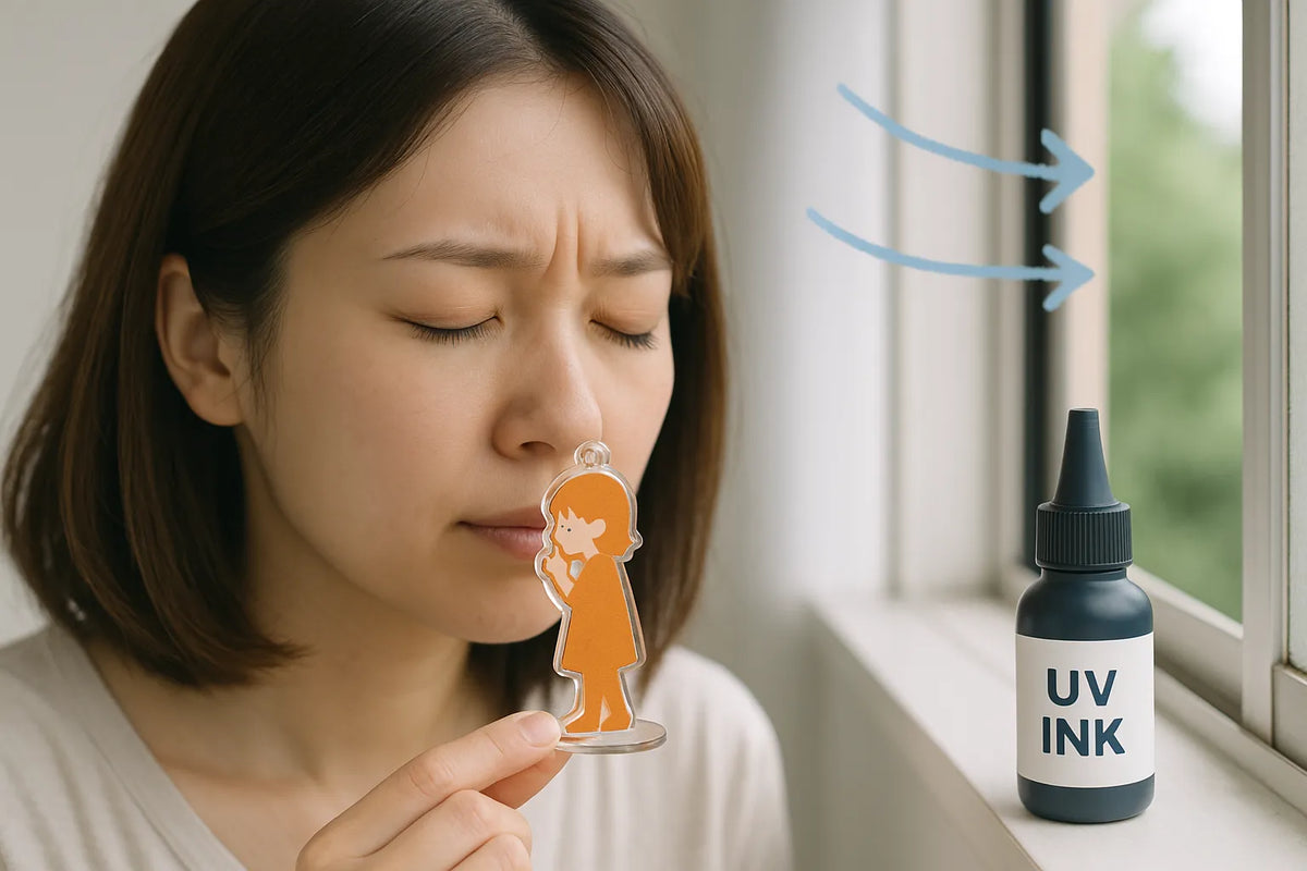アクリルスタンドのインクの匂いを確認する様子。UVインク特有の樹脂臭を感じているイメージ。