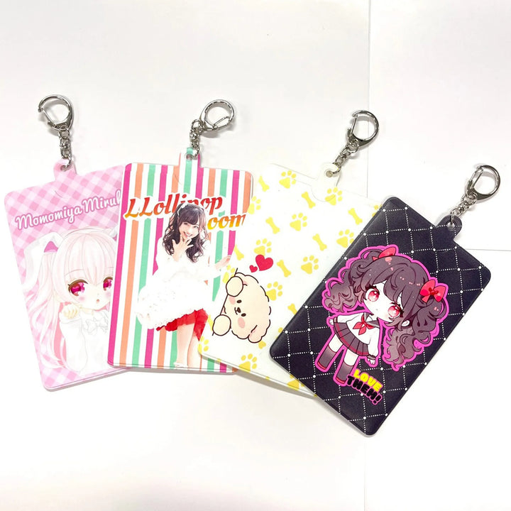 オリジナルチェキホルダーの裏面デザイン例（ピンク・ストライプ・イエロー・ブラック）