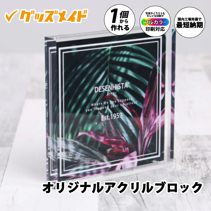 オリジナルアクリルブロック。厚みのある透明アクリル素材を使用した自立型ブロックで、写真やイラストのフルカラー印刷に対応。1個からオリジナル制作可能。デザイン印刷のサンプル例。