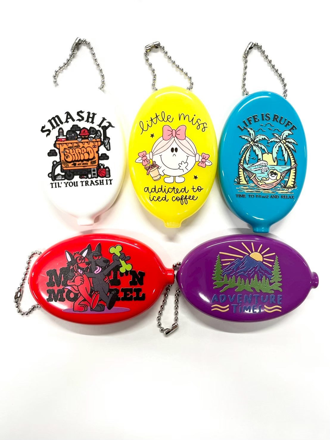 ボールチェーン付きオリジナルコインケースの印刷デザイン例5種（キャラクター・ロゴ・イラスト）  